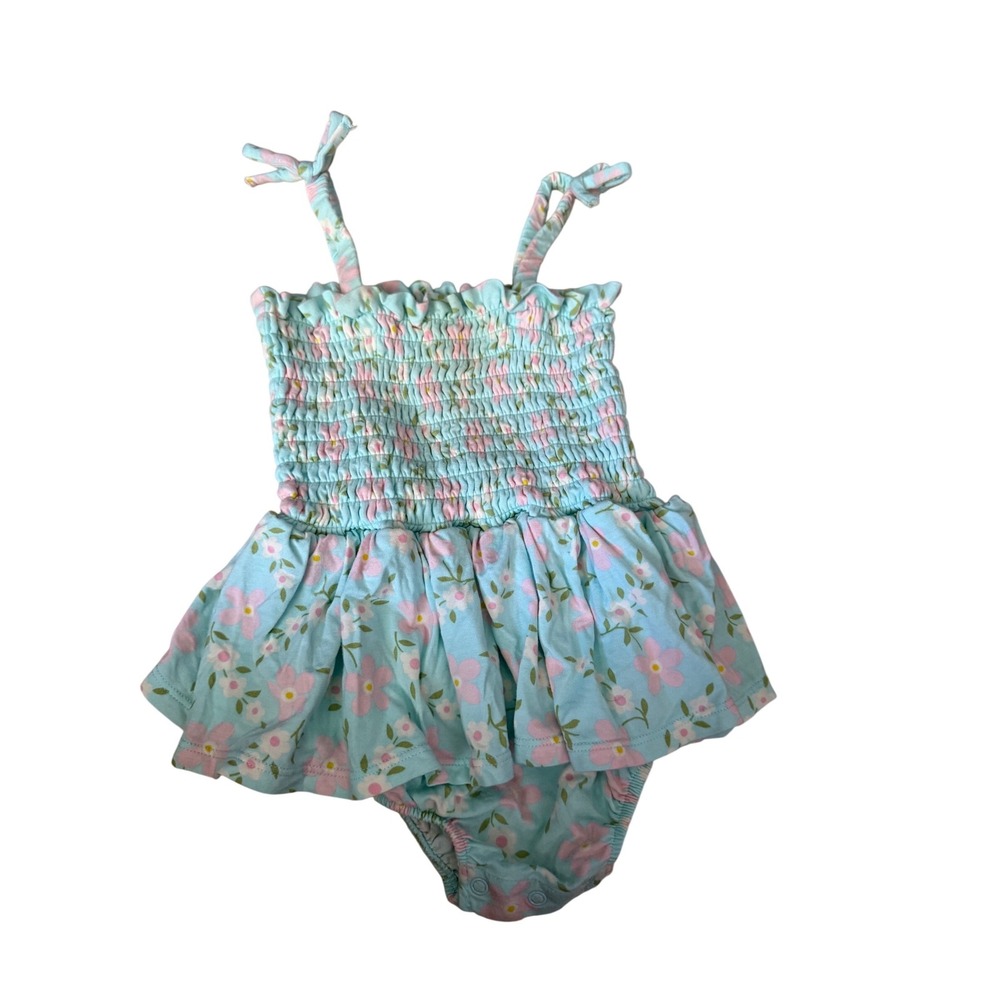 Angel Dear blue floral print bamboo bubble romper with skirt infant one piece